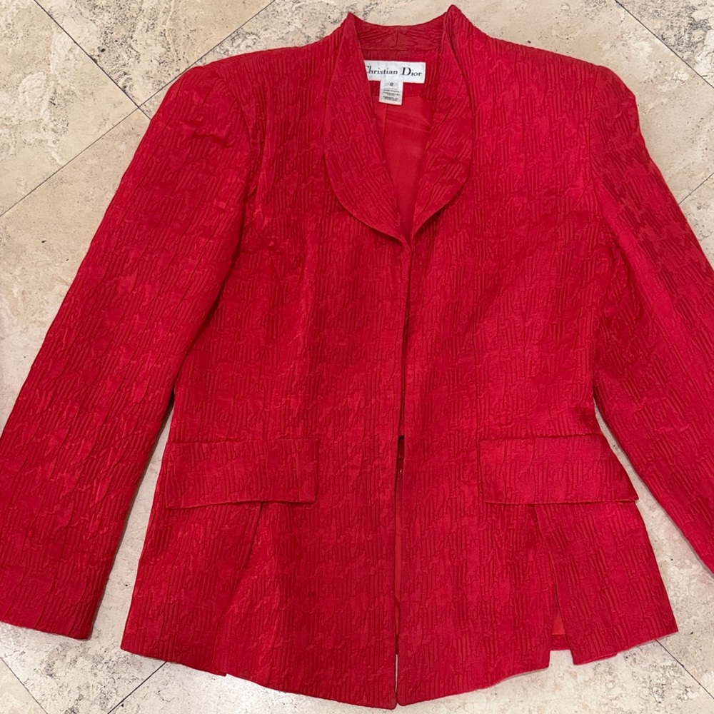 Dior Bright Red Textured Blazer and skirt red silk 8